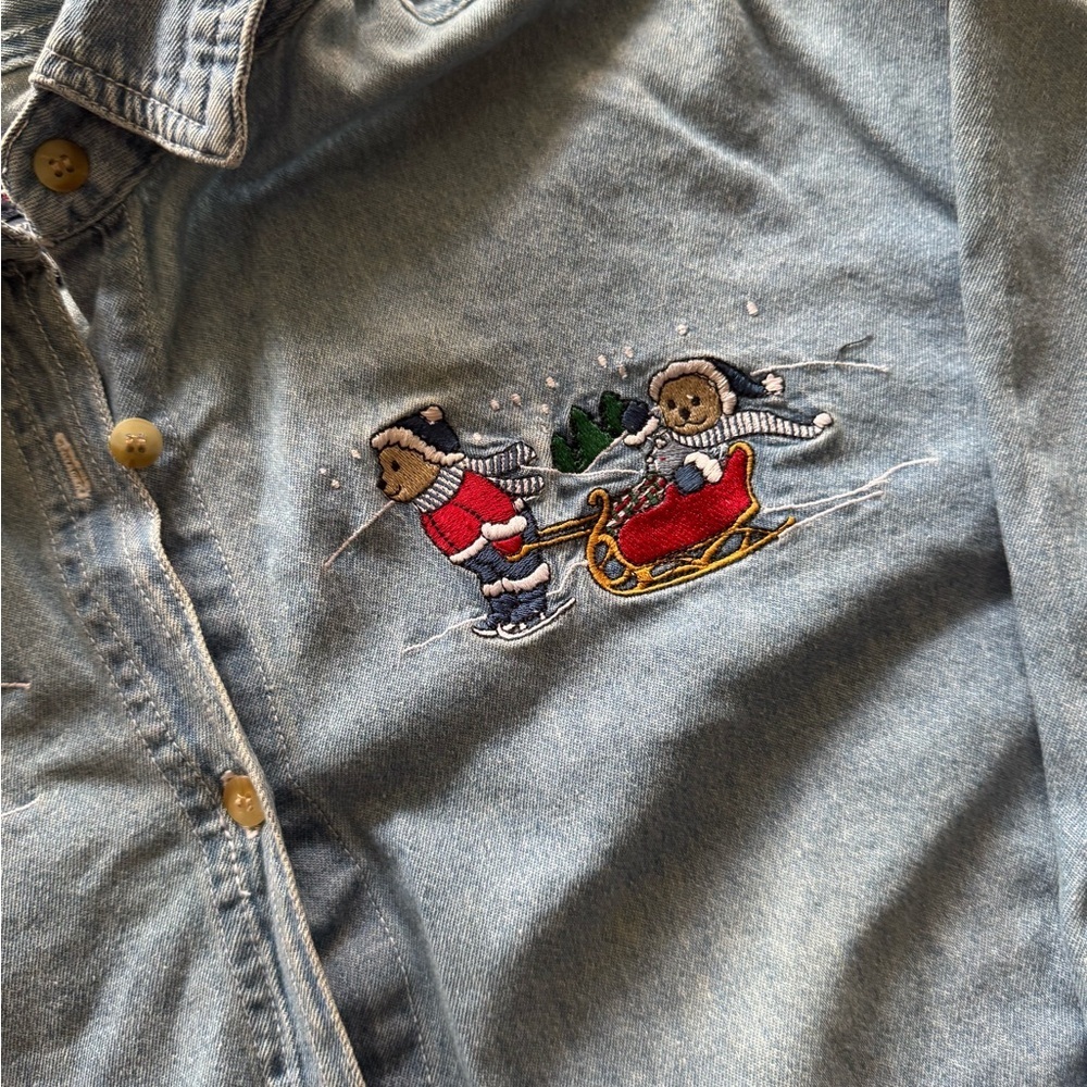 Vintage Christmas Denim Button-Up Shirt with Embroidery - Picture 3 of 9
